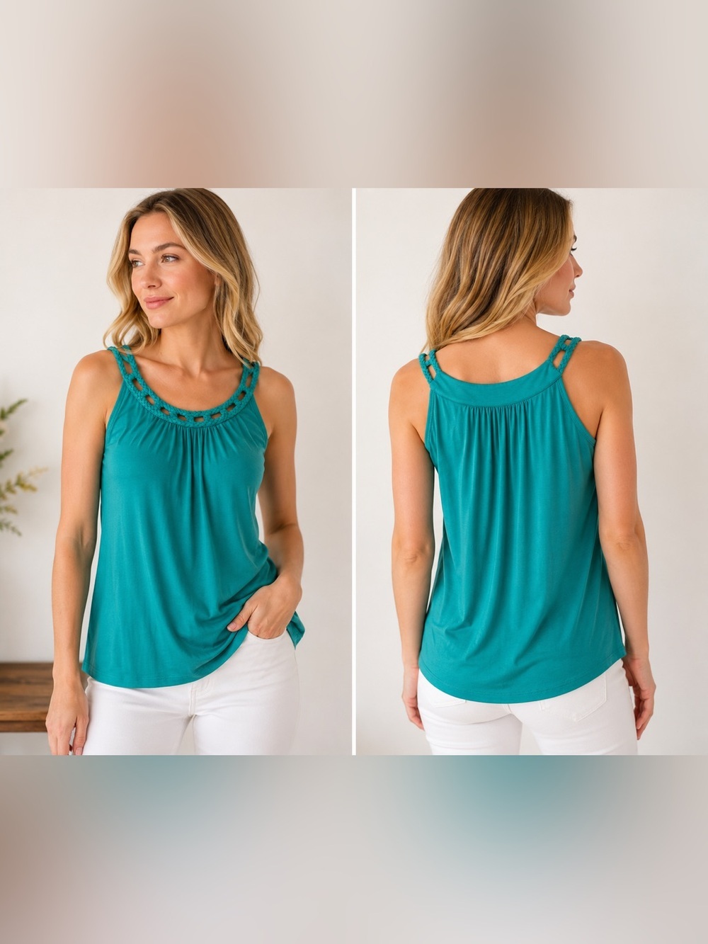 DKR & Co. Couture Teal Braided Neck Sleeveless Tank Top Women’s Medium Soft Stre